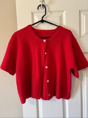 Red Short-Sleeve Button-Up Knit Sweater
